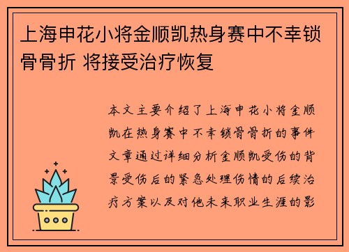 上海申花小将金顺凯热身赛中不幸锁骨骨折 将接受治疗恢复 上海申花小将金顺凯热身赛中不幸锁骨骨折 将接受治疗恢复